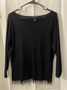 Nicole Studio Black Scoop Neck Sweater with Fringe
